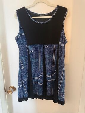 Papa Vancouver Blue Black Abstract Sleeveless Tunic Dress Size L Artsy Lagenlook